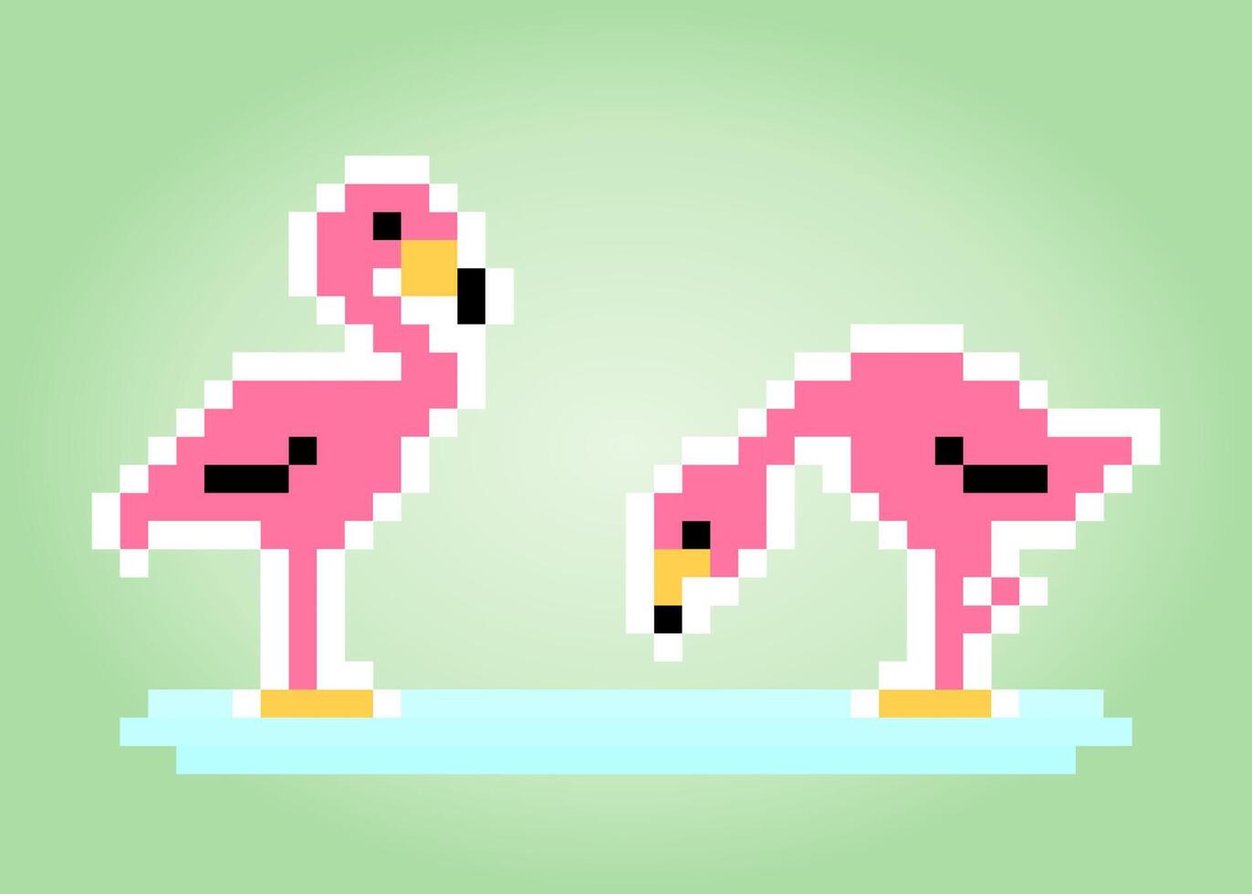 8-bit pixel flamingo. Birds on vector illustrations.