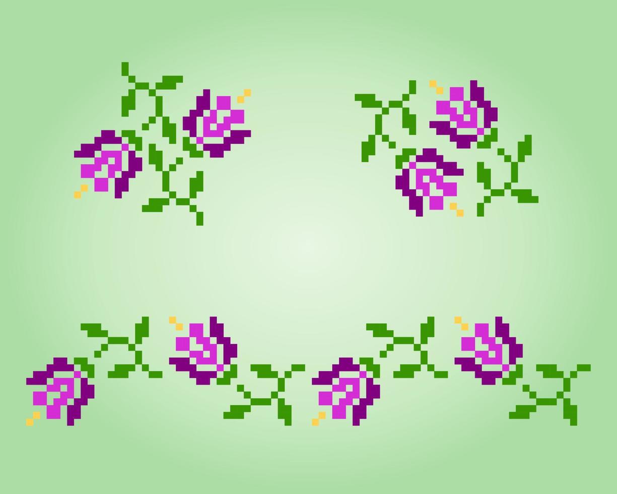 8 bit pixel flower vine. Purple flowers for cross stitch patterns, in vector illustrations.