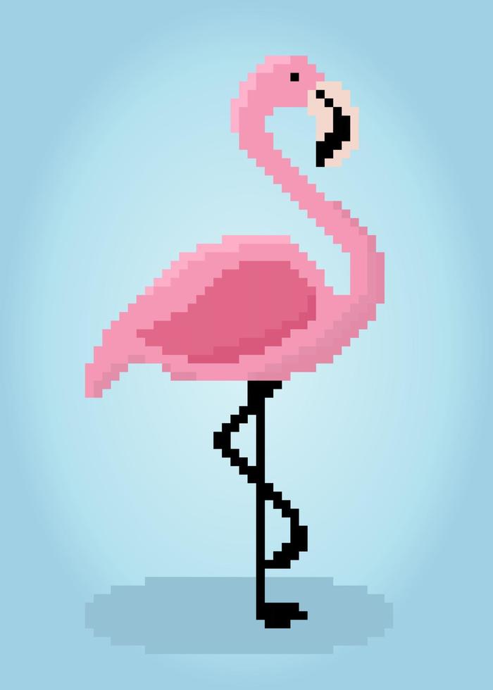 Flamenco de píxeles de 8 bits. pájaros en ilustraciones vectoriales. vector