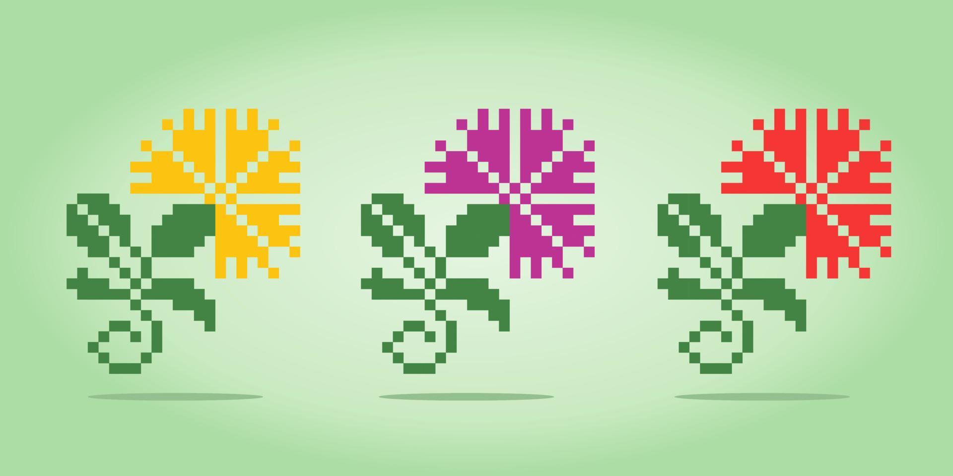 8 bits de píxeles de flores espinosas. flores moradas para patrones de punto de cruz, en ilustraciones vectoriales. vector