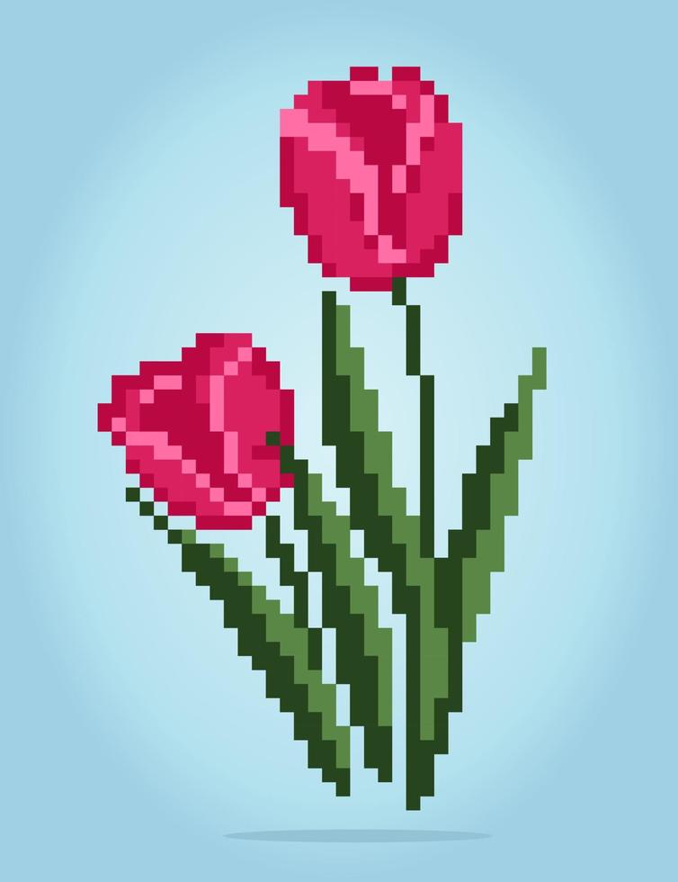 8 bit tulip flower pixels. Red Flowers for Cross Stitch patterns, in vector illustrations.