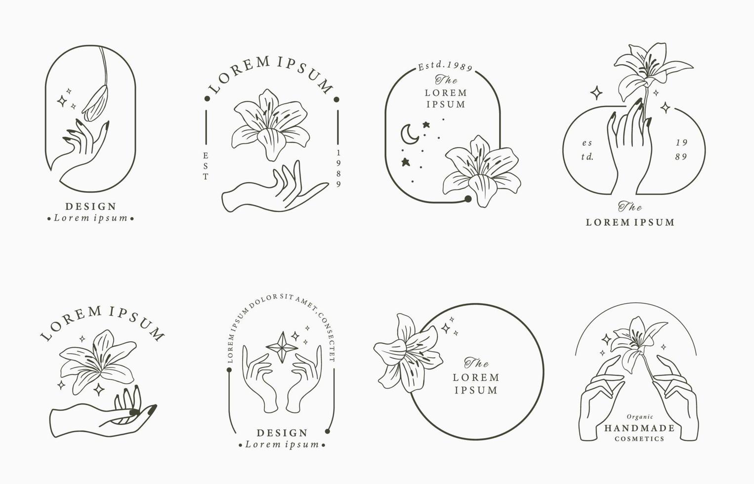 colección de iconos boho de belleza con mano, lirio.ilustración vectorial para icono, pegatina, imprimible y tatuaje vector