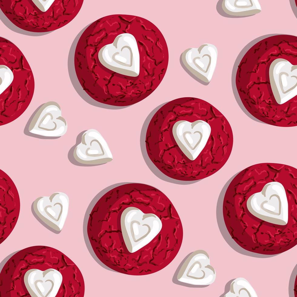 A pattern of red oatmeal cookies and white heart-shaped candies on a delicate background. Suitable for printing on textiles and paper. Festive packaging for Valentine's Day. vector