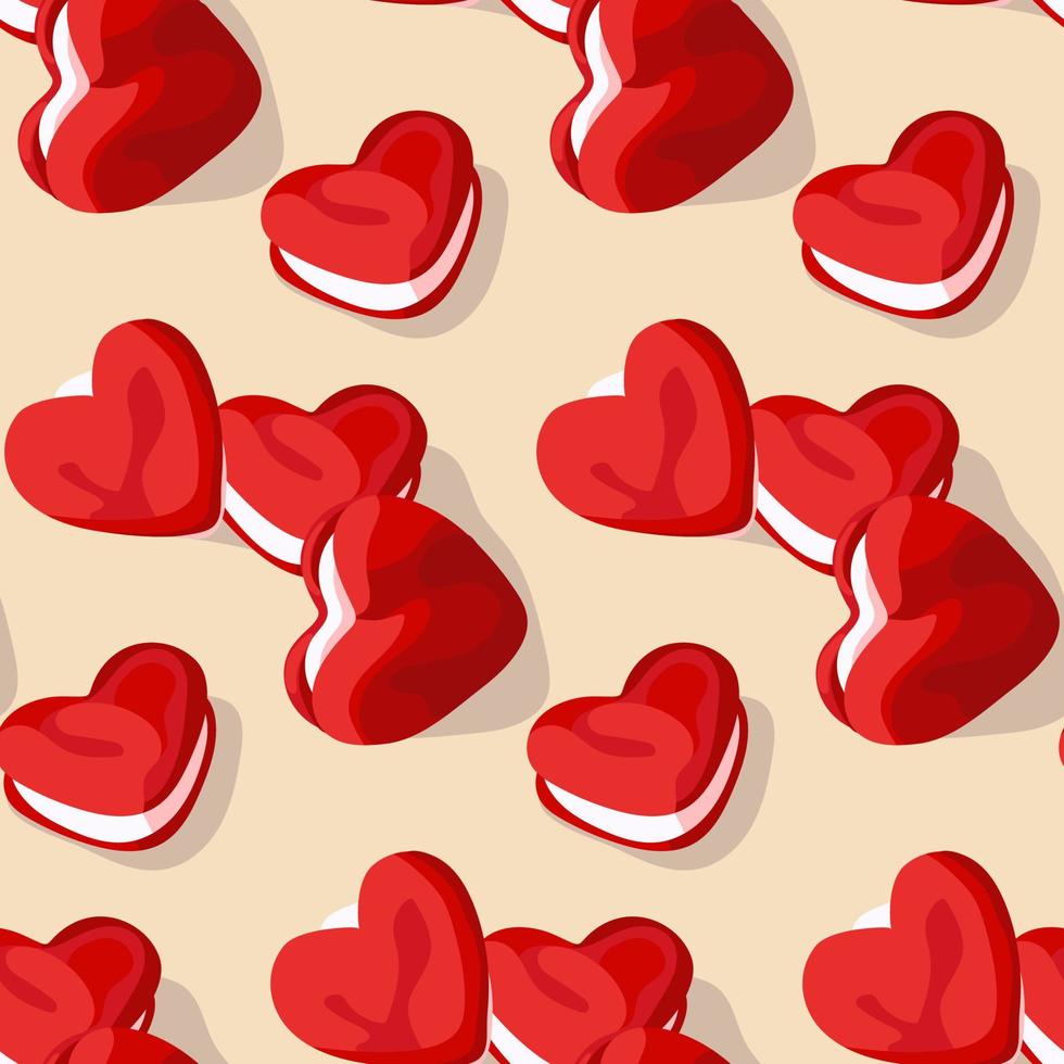 The background is made of red cookies in the form of a heart, red with a layer of white marshmallows. Suitable for printing on textiles and paper. Gift wrapping, clothes. vector