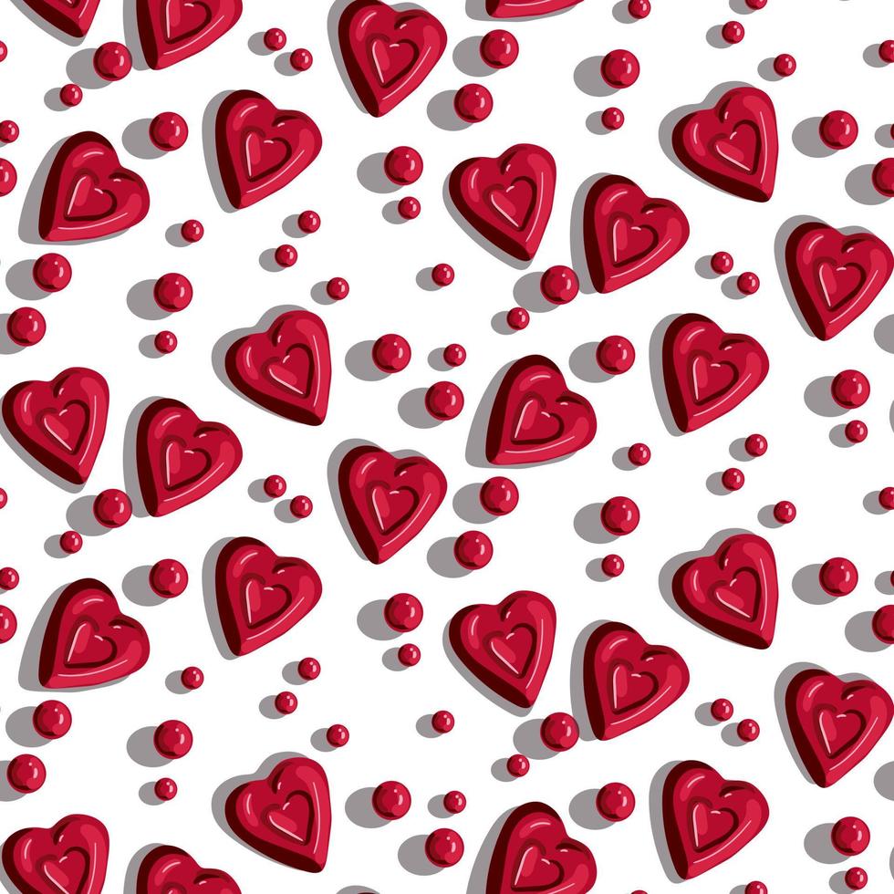 A pattern of scattered beads with shadows and red candies on a white background. Suitable for printing on textiles and paper. Festive packaging for Valentine's Day. vector