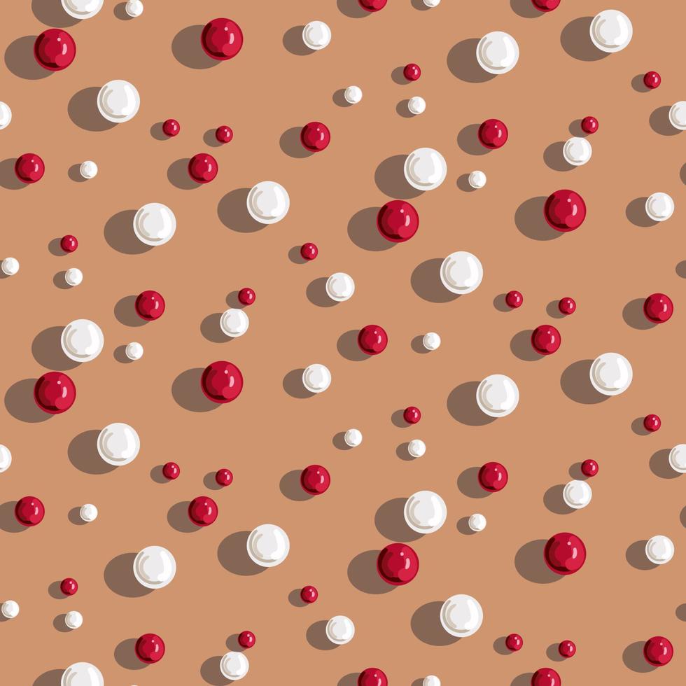A pattern of scattered beads with shadows. Red and white volumetric beads with shadows on a delicate background. Suitable for printing on textiles and paper. Festive packaging for Valentine's Day. vector