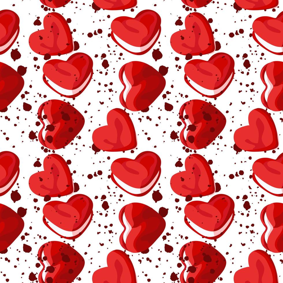 Background of red heart-shaped cookies, colors with a layer of white marshmallows on a delicate background with noise. Suitable for printing on textiles and paper. Gift wrapping, clothing. vector