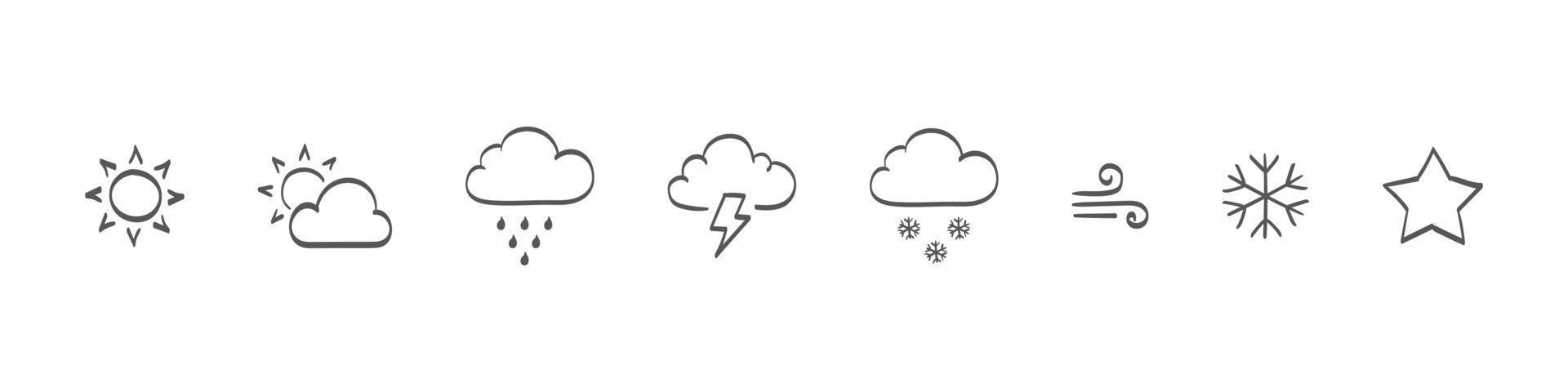 Set of drawn Weather icons. Weathers icons. Weather vector icons. Weather icons sun and clouds in sky, rain with snow, thunder and lightning.. Vector illustration