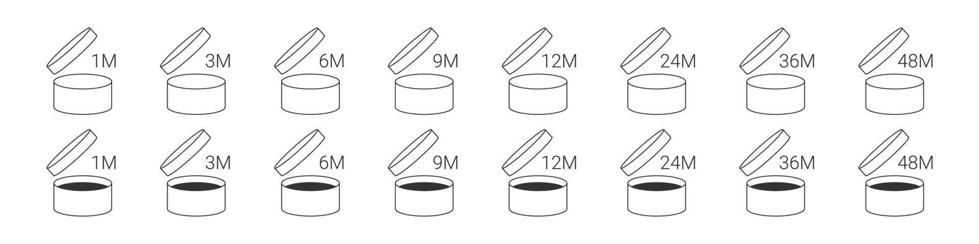Period after opening. Expiration icons set. PAO icons. Expiration period in months icons for cosmetic packaging. Concept icons. Vector illustration