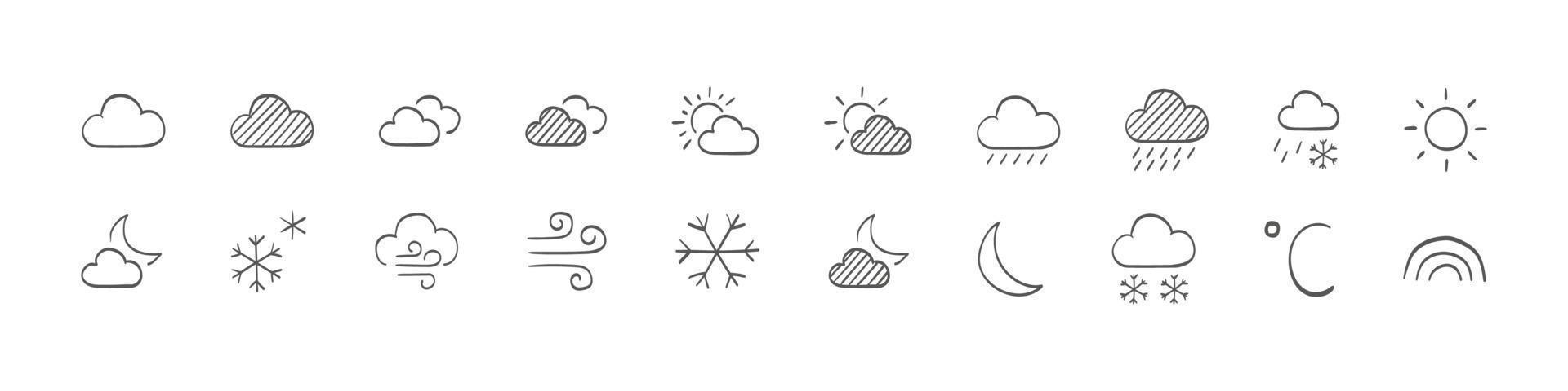 Weather icons. Drawn weathers icons. Weather vector icons. Weather forecast sign symbols. Weathers signs. Vector illustration