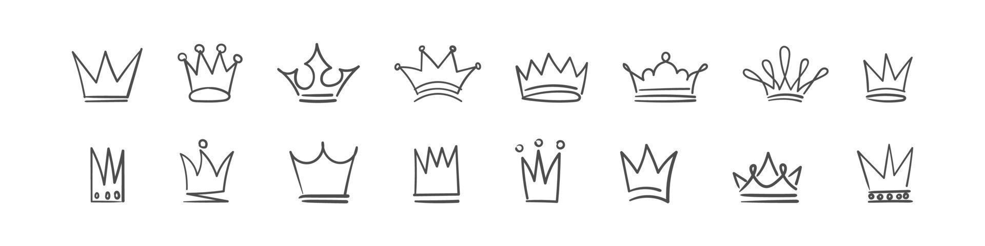 conjunto de iconos de corona. bosquejo de la corona. Conjunto de corona de fideos, iconos dibujados a mano. ilustración vectorial vector