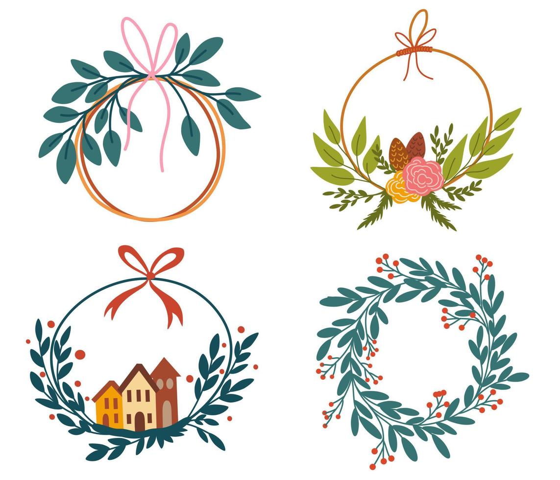 Christmas wreaths set. Decor for New Year Christmas and holiday. Wreath with holly berries, mistletoe, pine and fir branches, cones, rowan berries. Hand drawn illustration isolated vector