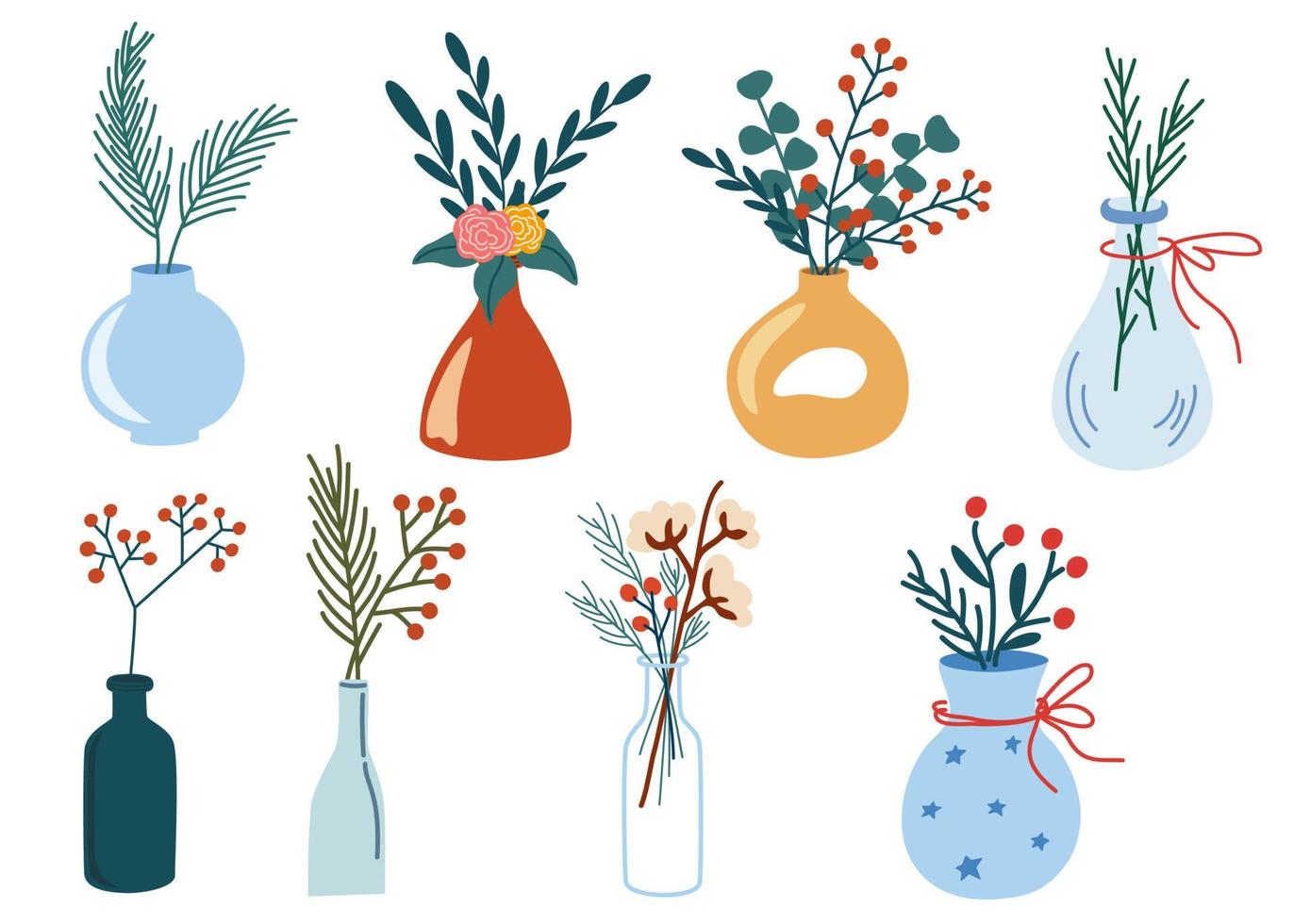 flores de navidad en un jarrón. decoración para año nuevo navidad y vacaciones. acogedor invierno. ilustración vectorial plana aislada sobre fondo blanco vector