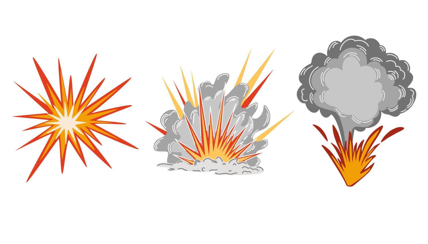 conjunto de explosión. dibujos animados de dinamita o explosión de bomba, fuego. nubes de auge y elemento de humo. detonación explosiva peligrosa, explosión de bomba atómica. ilustración vectorial dibujada a mano. vector