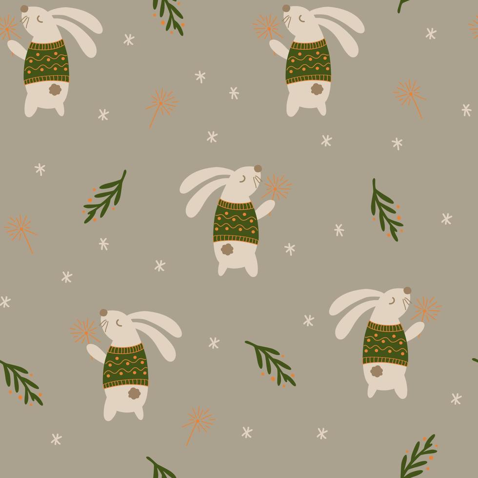 Bunny winter seamless vector pattern. The limited palette is ideal for printing textiles, fabric, wrapping paper Simple hand drawn illustration of a forest rabbit character in Scandinavian style.