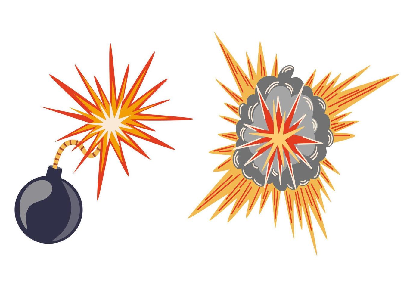 Explosion set. Cartoon dynamite or bomb explosion, fire. Boom clouds and smoke element. Dangerous explosive detonation, Atomic bomb explosion. Vector hand draw illustration.