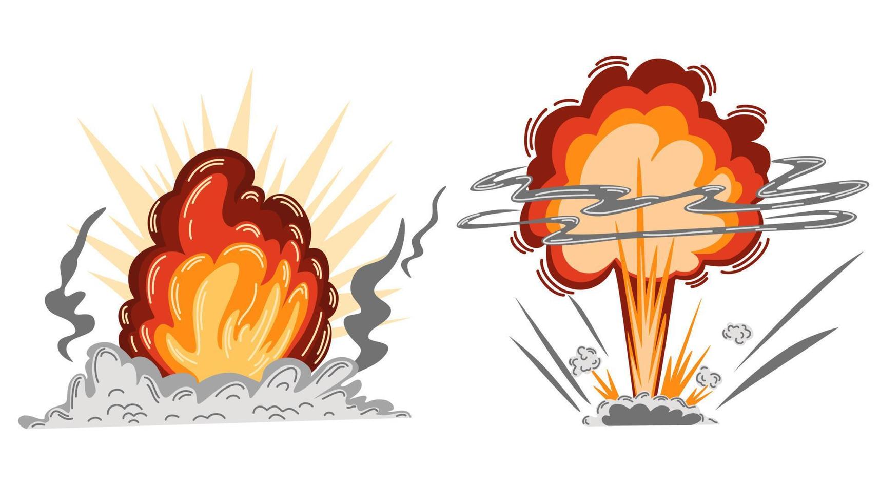 Explosion set. Cartoon dynamite or bomb explosion, fire. Boom clouds and smoke element. Dangerous explosive detonation, Atomic bomb explosion. Vector hand draw illustration.