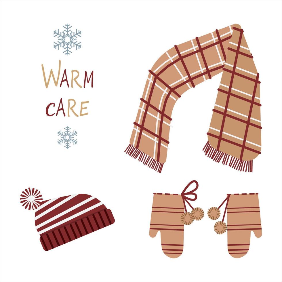 Vector illustration set of winter warm clothing detailed knitted wool mittens and hat with pompom, scarf and snowflakes