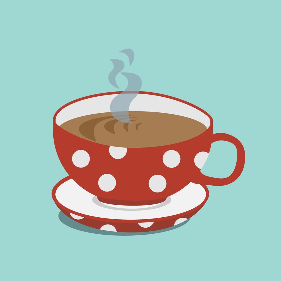 A large red and white polka dot cup of hot drink on a saucer will keep you cosy and warm in colder times. Vector illustration for autumn and winter or cold season design in a decorative cartoon style.