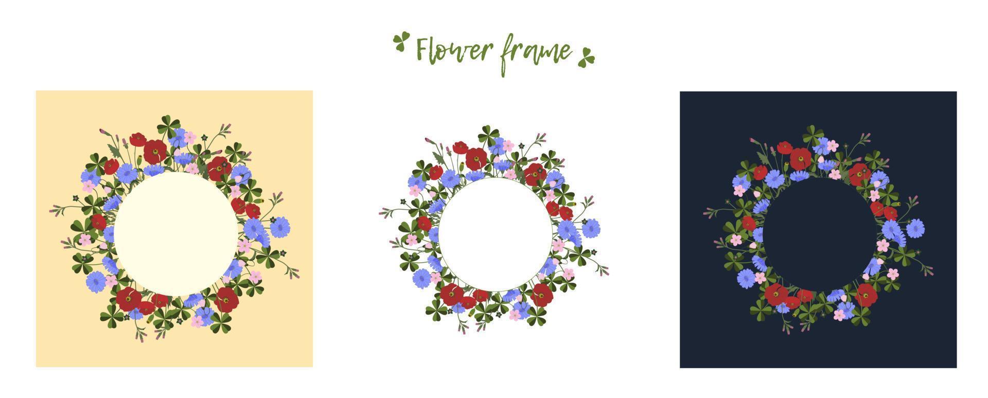 Set Wild herbs and flowers colorful round frame with space for text in the middle vector