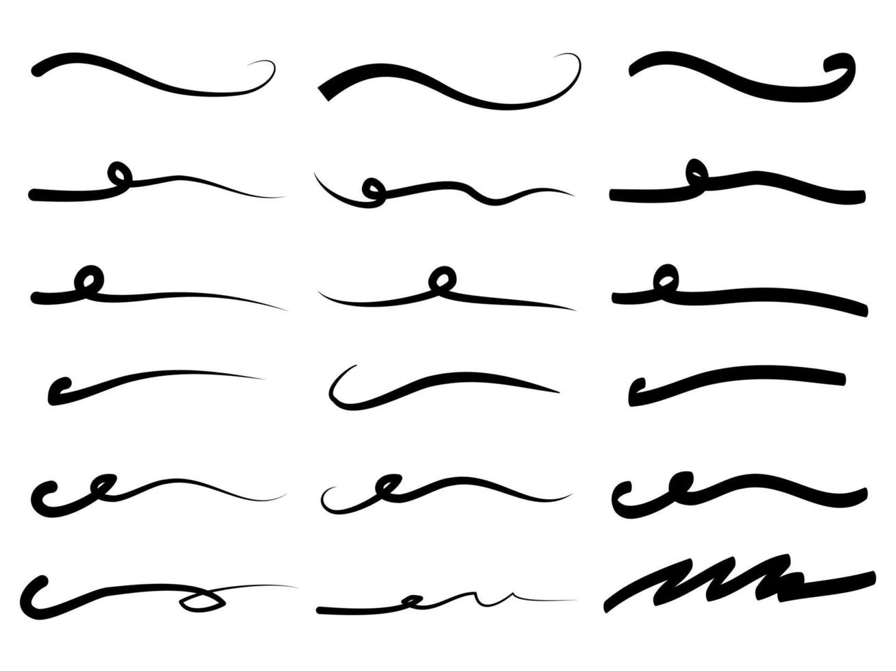 Hand drawn set of underline, curly swishes, swashes, swoops. swirl. Highlight text elements. vector illustration