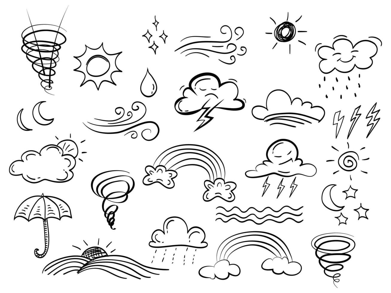 conjunto dibujado a mano de elementos meteorológicos de garabatos cómicos abstractos. con viento, nube, flash, paraguas, sol, luna, lluvia, arco iris. aislado sobre fondo blanco. ilustración vectorial vector