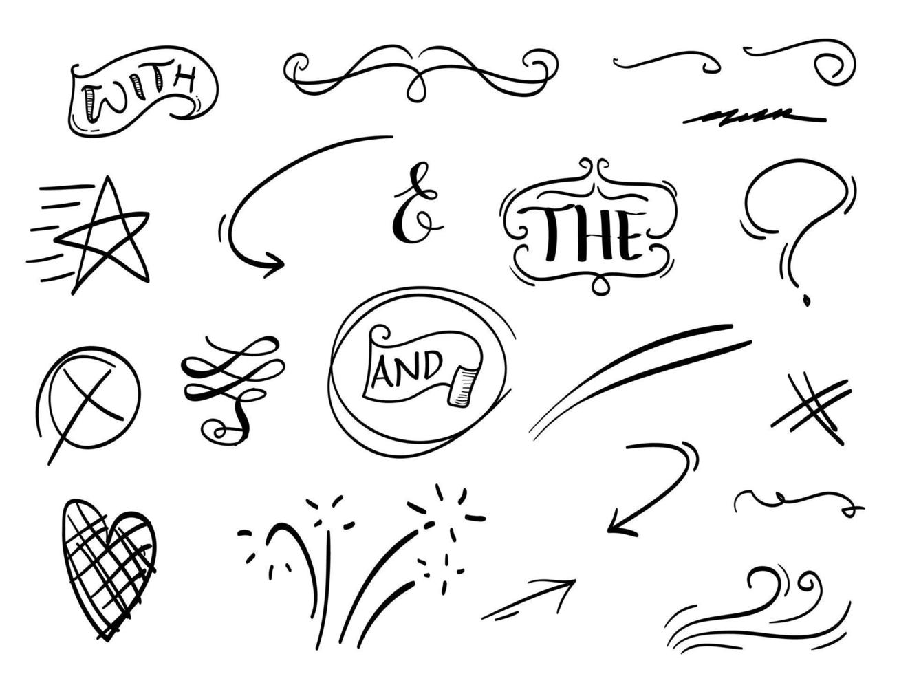 hand drawn set of abstract comic doodle elements. with heart, swirl, swoosh, ampersand, crack, arrow, text emphasis. isolated on white background. vector illustration