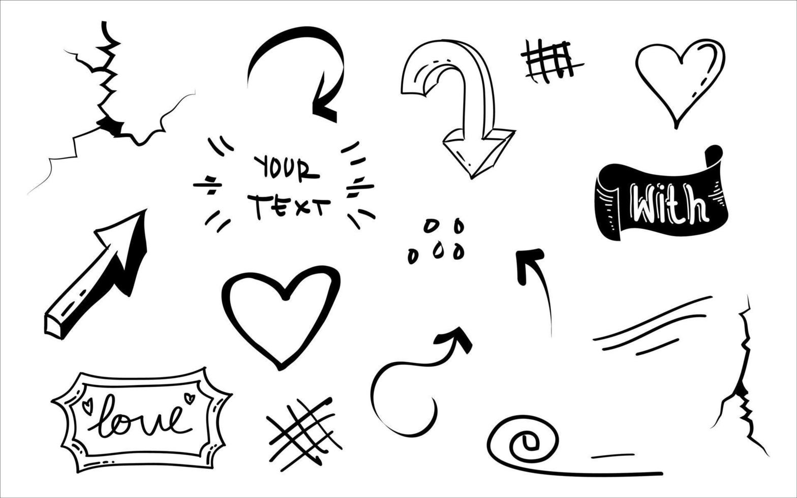 hand drawn set of abstract comic doodle elements. with heart, swirl, swoosh, ampersand, crack, arrow, text emphasis. isolated on white background. vector illustration