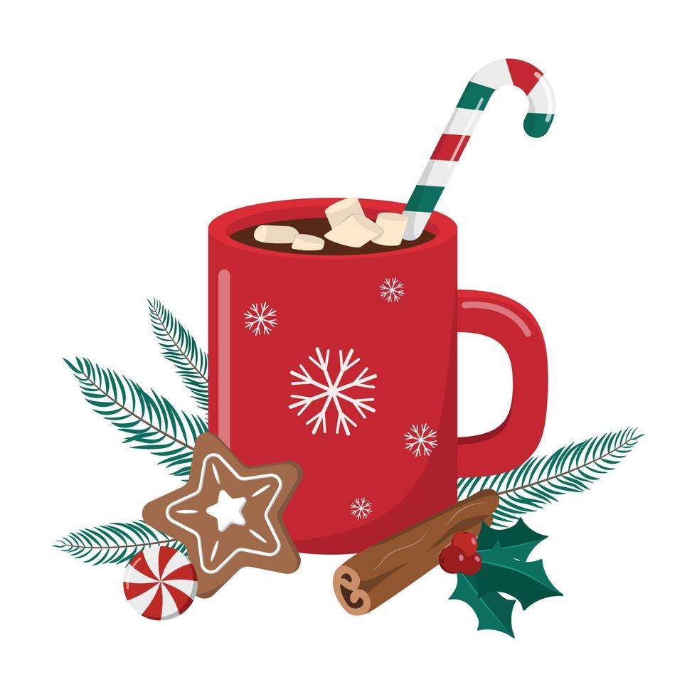 Hot Christmas cocoa with gingerbread cookie, candy, fir branches, and cinnamon stick. Isolated on white background, Vector illustration, Merry Christmas themed design.