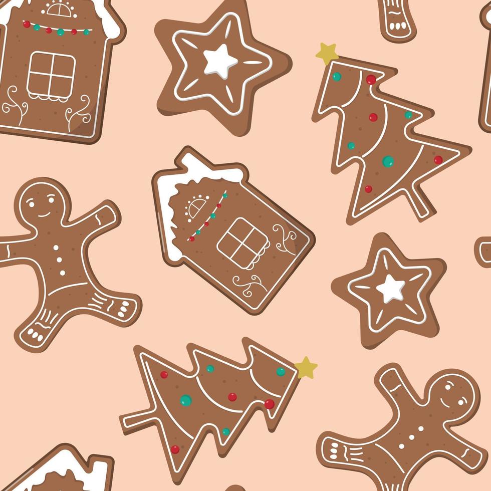 árboles de navidad, hombres de pan de jengibre, casas y estrellas de patrones sin fisuras sobre fondo beige. fondo de navidad o año nuevo. para papel pintado, textil, telón de fondo, papel de regalo. vector