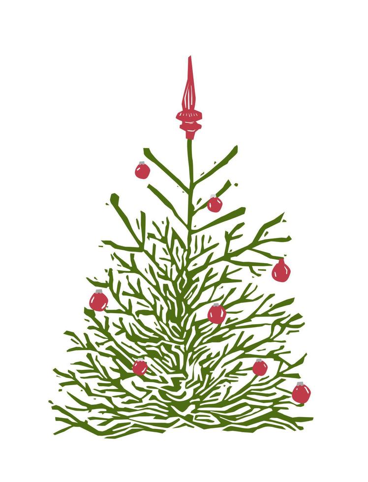 linóleo del árbol de navidad. árbol de navidad con juguetes lino corte ilustración vectorial. vector