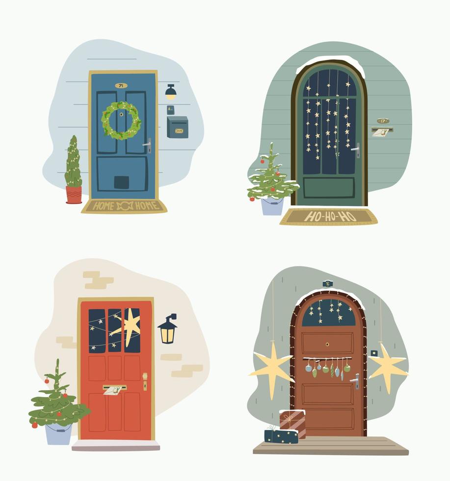 Set ith X-Mas decorated home front doors. Christmas tree by the house door with Wreath and Deco for party. Postcard, invitation or poser for new year and Merry Christmas. vector