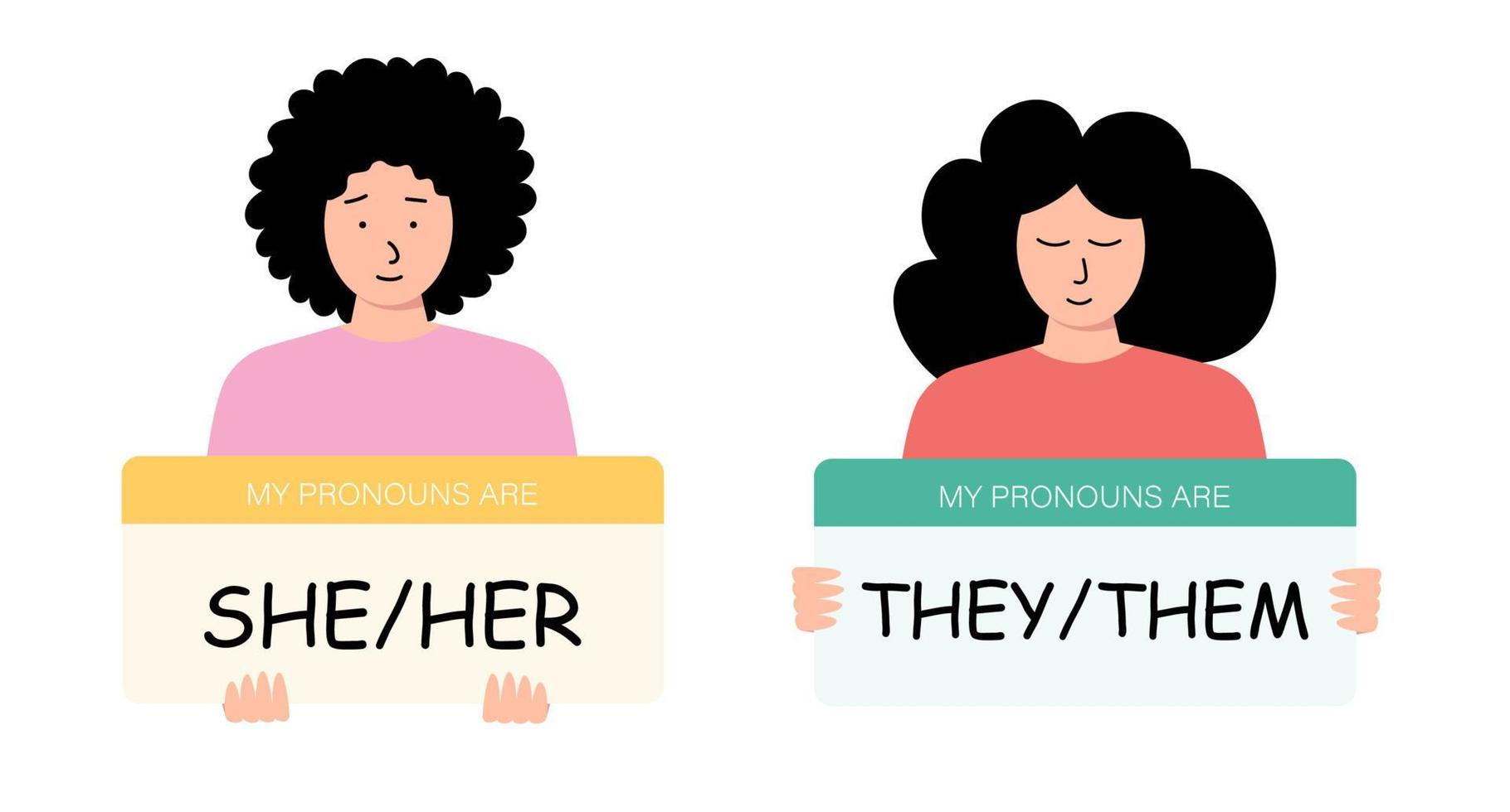 English pronouns She and They. Beautiful girls with signs for a book, presentation, website, application, education vector