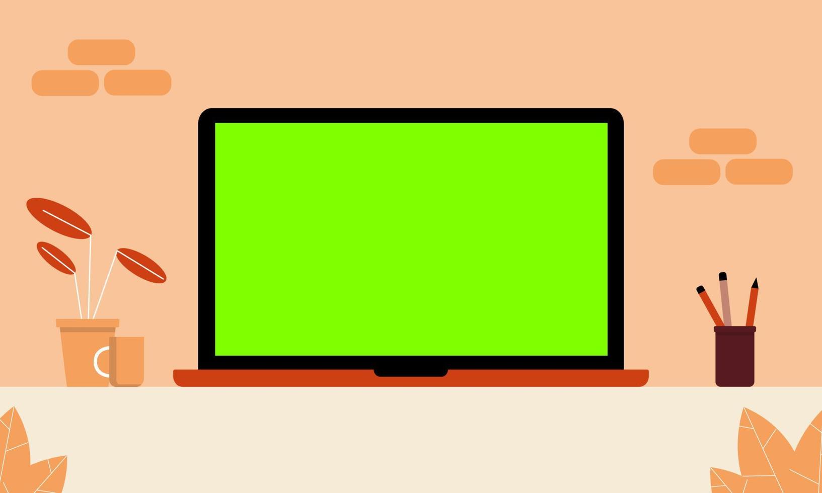 Illustration of a laptop with a green screen on the desktop vector