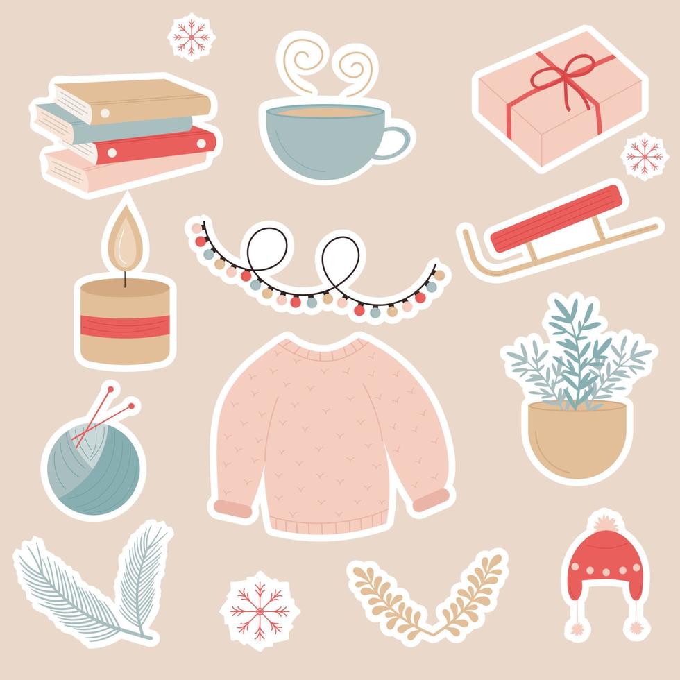 Collection of stickers of winter elements. The style of hygge. vector