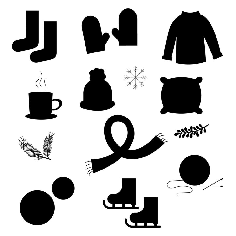 Collection of silhouettes of winter elements. Hygge style. Vector