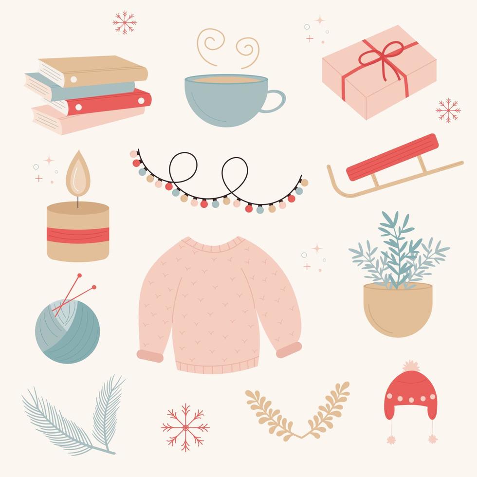 Collection of winter elements. Hygge style. vector