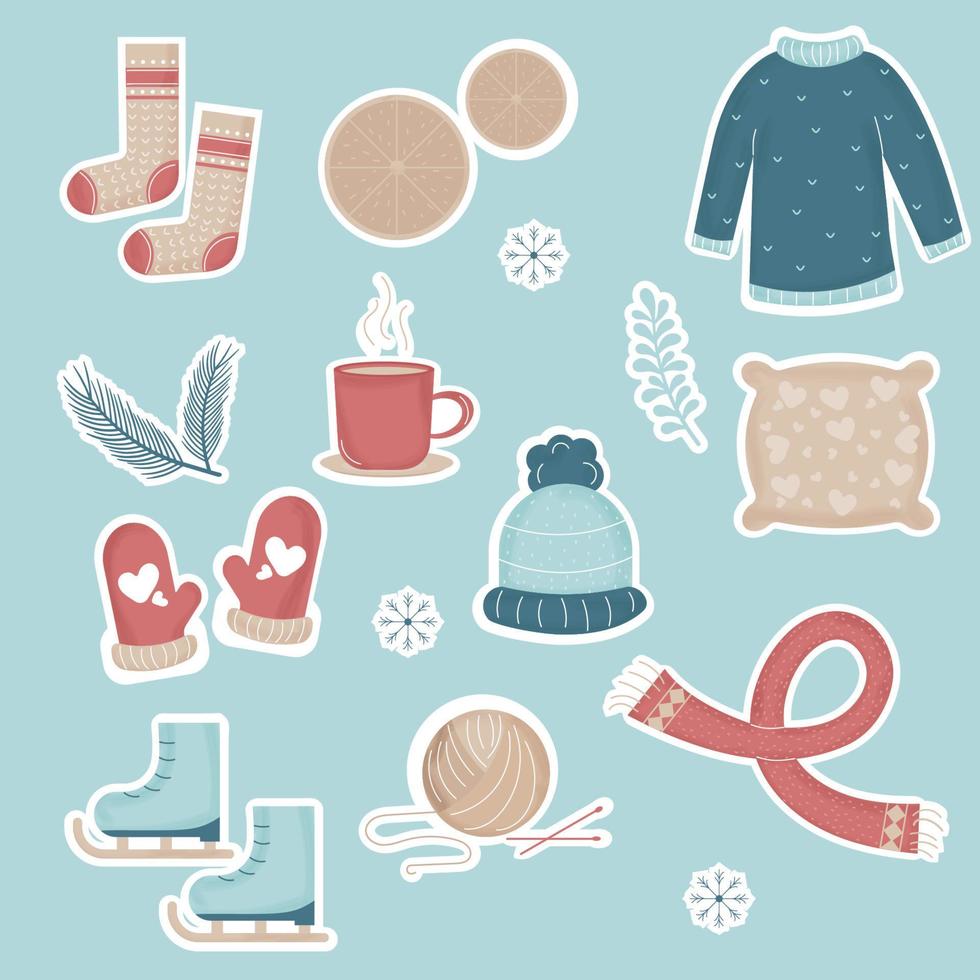 colección de pegatinas de elementos de invierno. estilo hygge. vector