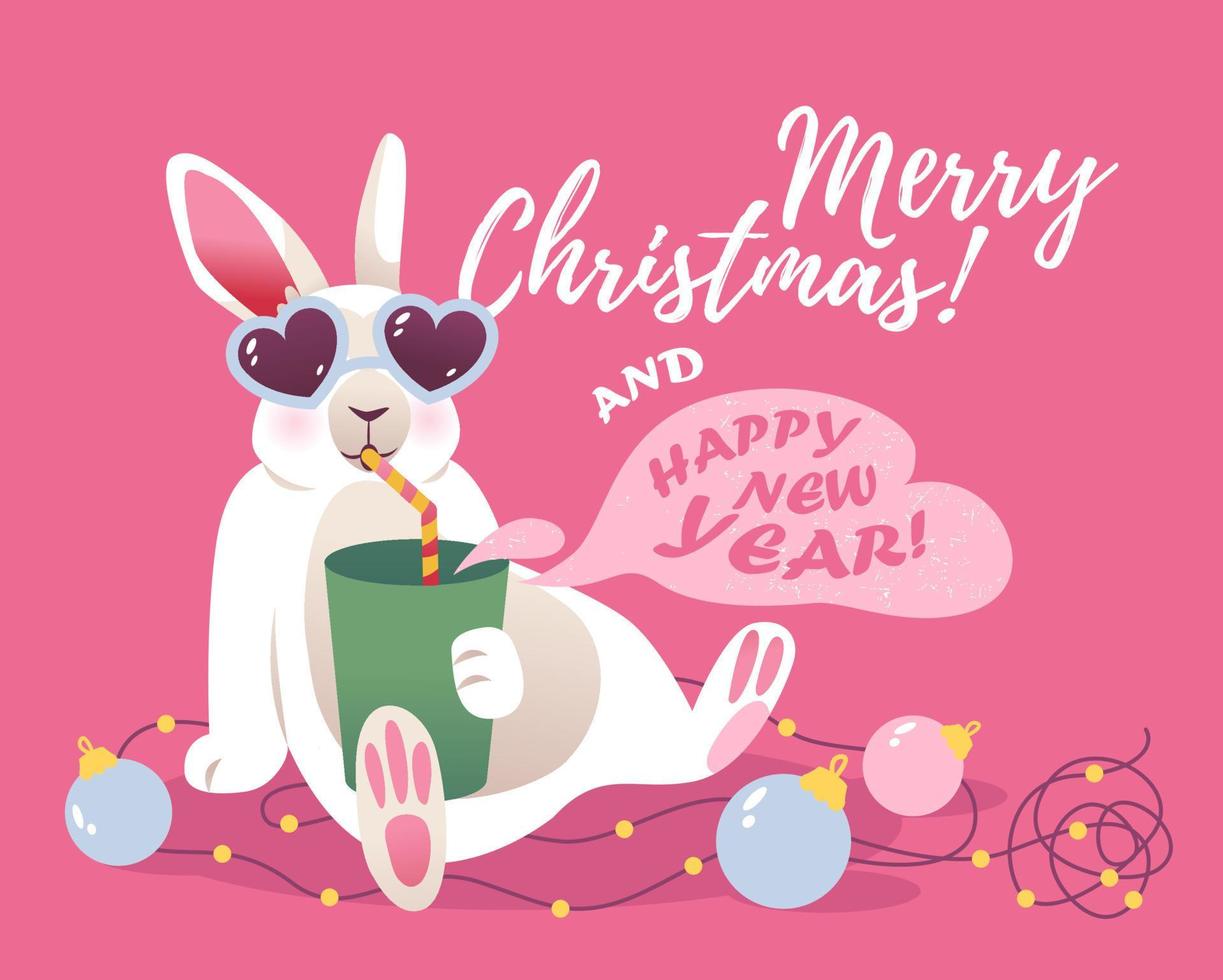conejito divertido con una bebida y adornos navideños. tarjeta de Navidad. ilustración vectorial vector