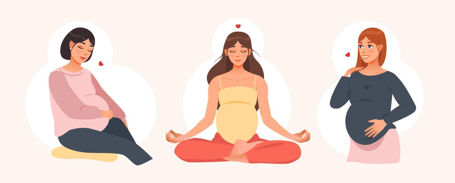 Pregnant young woman. Smiling young woman touching belly excited with pregnancy. Motherhood concept. Vector illustration.