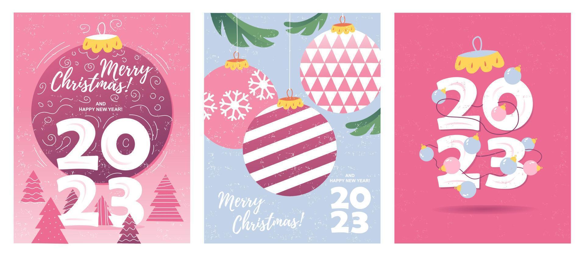 Merry Christmas and Happy New Year set of greeting cards, posters, holiday covers. Christmas tree, ball, decoration elements. Vector illustration.
