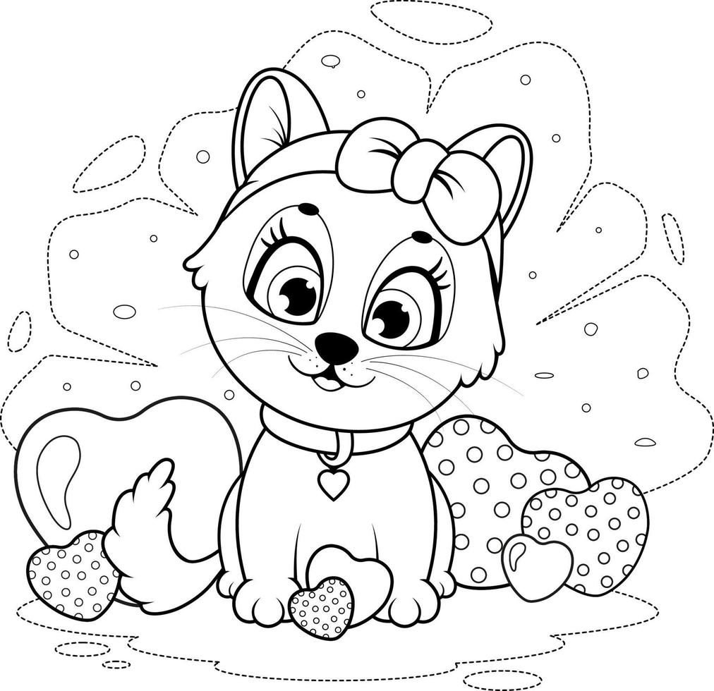 Coloring page. A cute romantic kitten with hearts vector