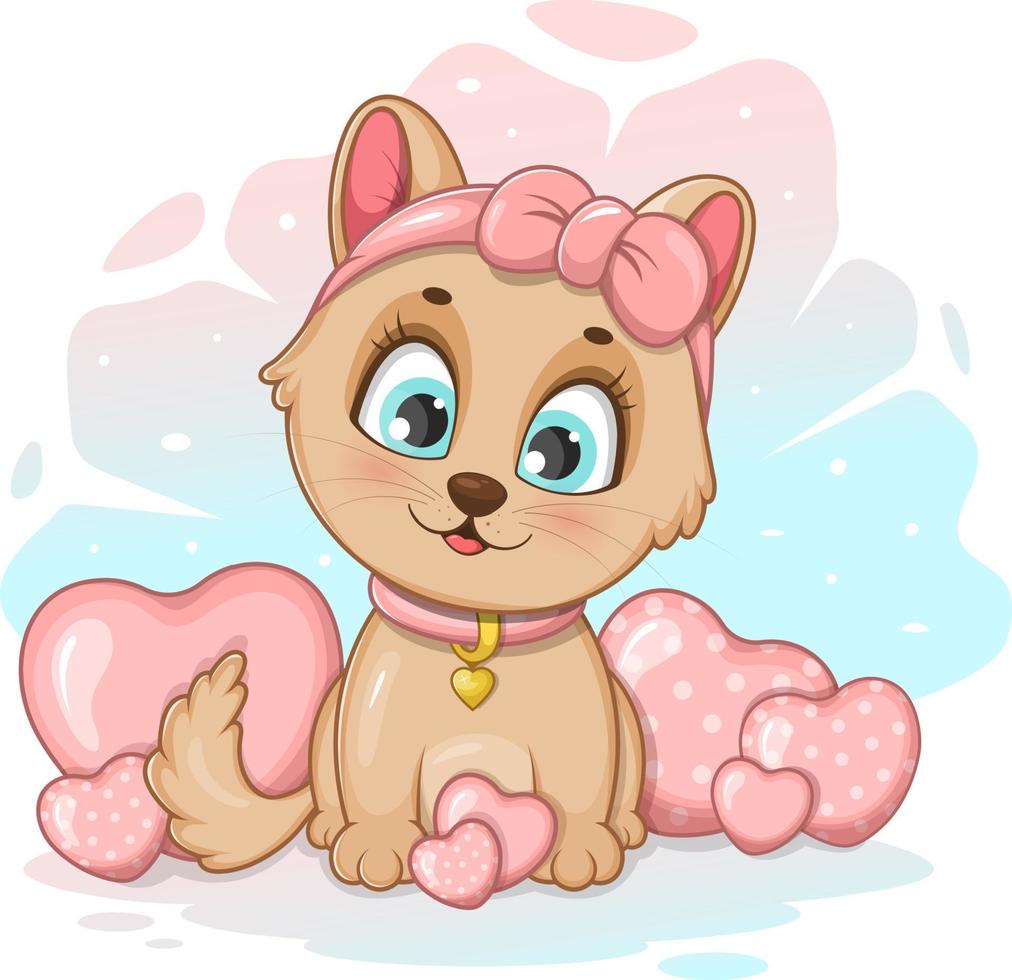 A cute romantic kitten with pink hearts vector