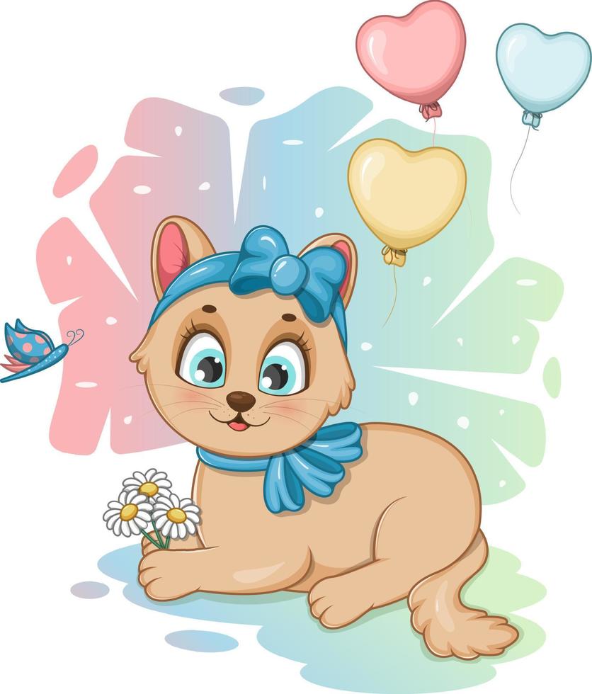 lindo gatito de dibujos animados con flores, globos y una mariposa vector