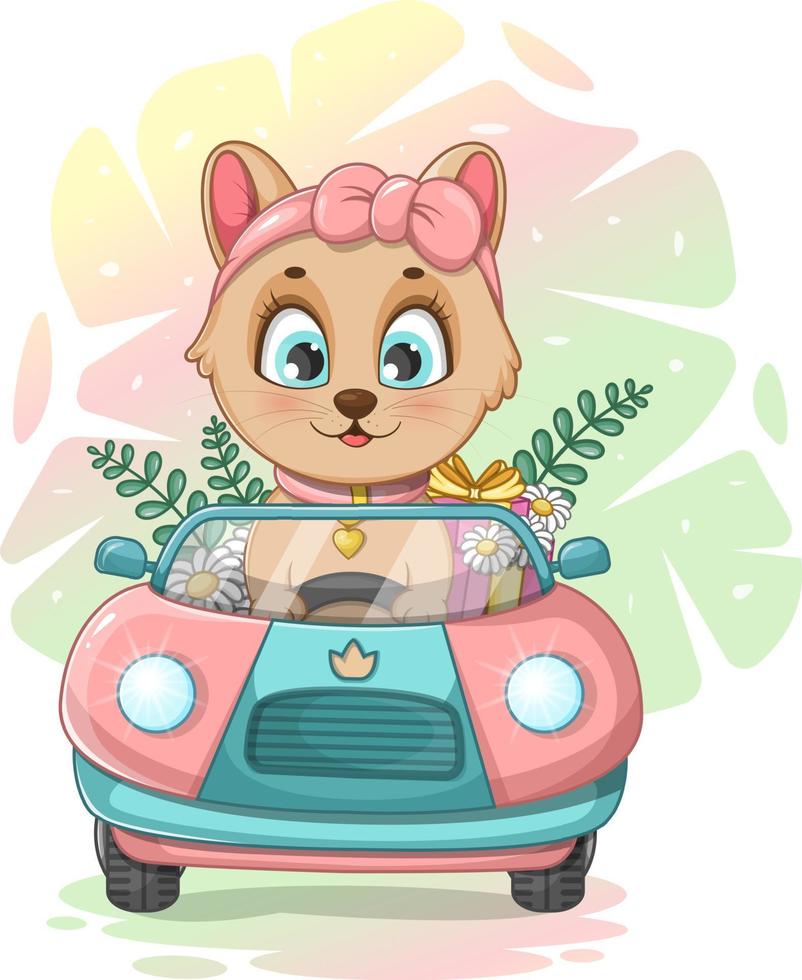 lindo gatito de dibujos animados en un auto con flores y un regalo vector
