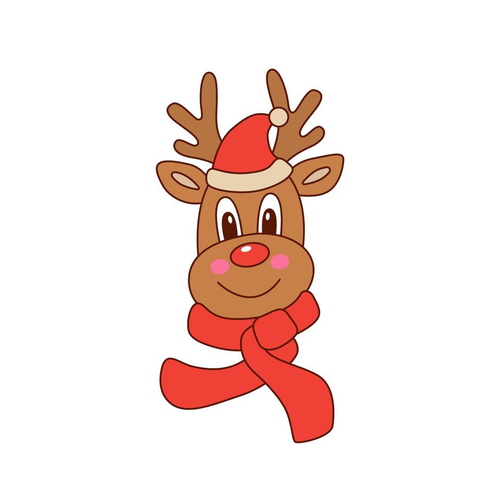 Doodle baby deer head. The Red-nosed Reindeer. Vector illustration on white background. Isolated.