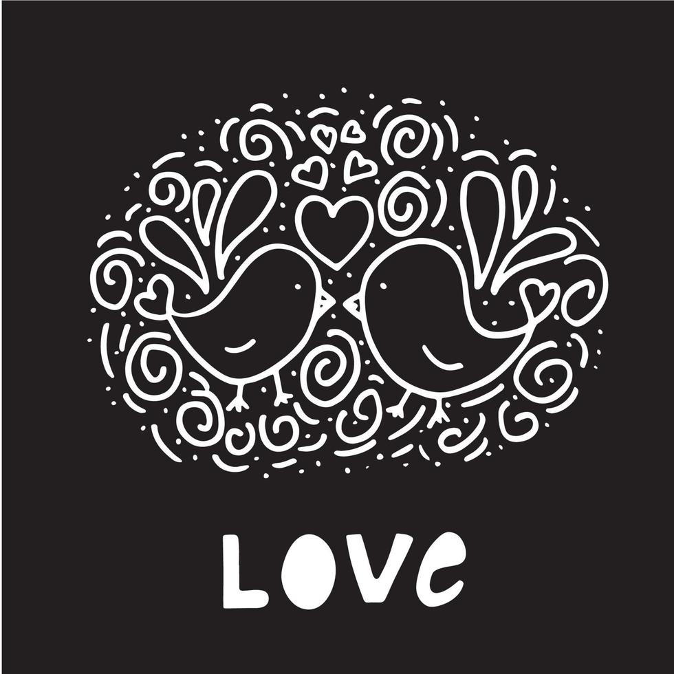 Vector illustration with love birds isolated on black background. Doodle hand drawn style.