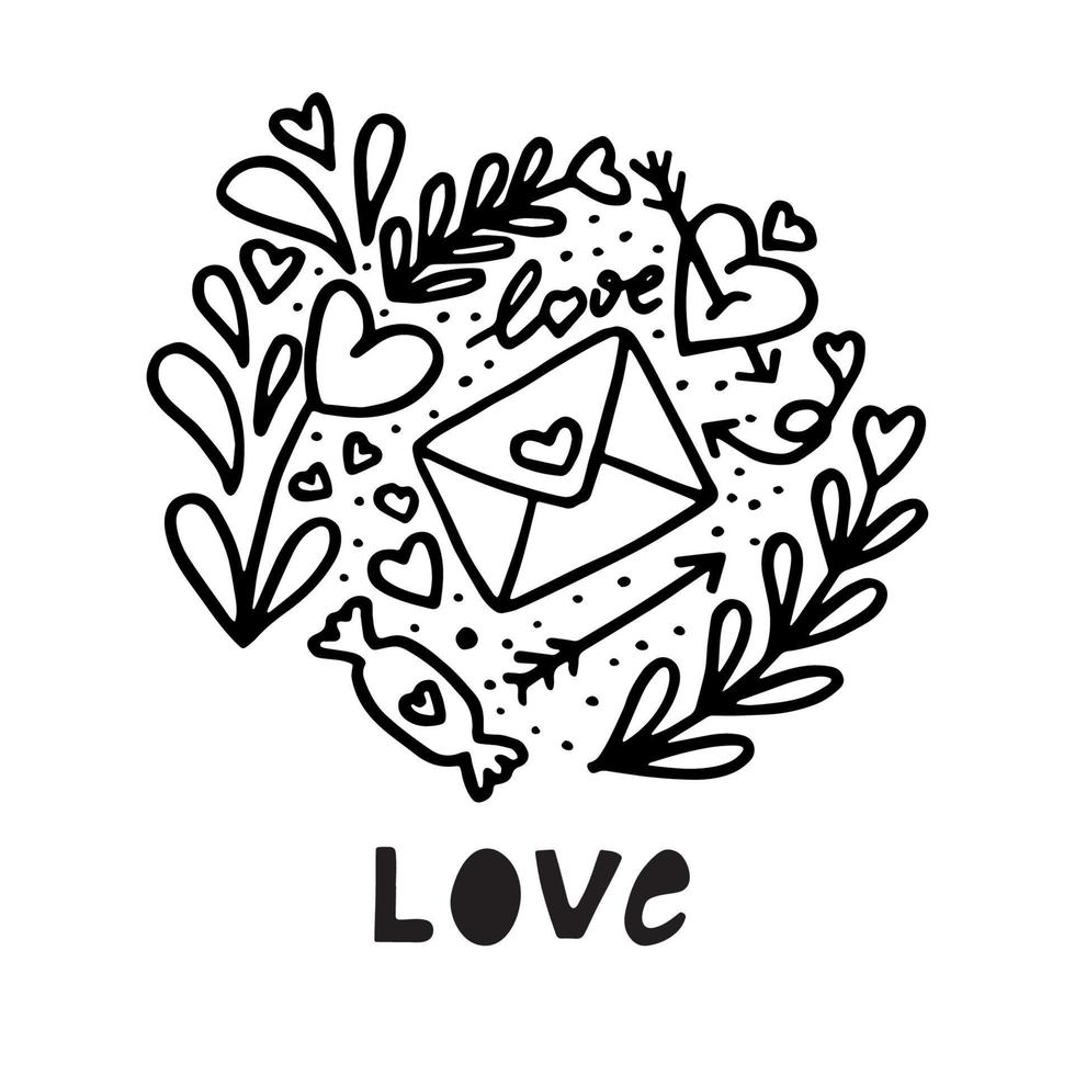 Vector illustration with Love elements isolated on white background. Doodle hand drawn style.