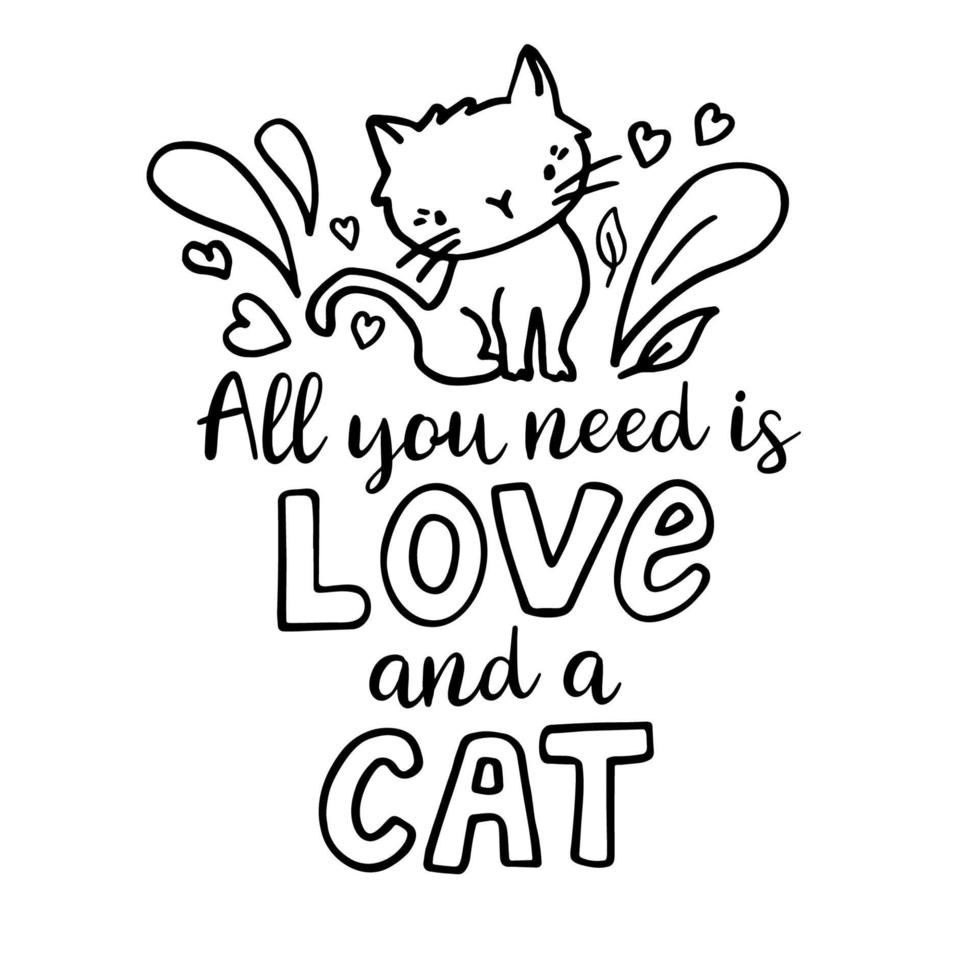 ilustración de fideos vectoriales todo lo que necesitas es amor y un gato con un gato lindo. vector