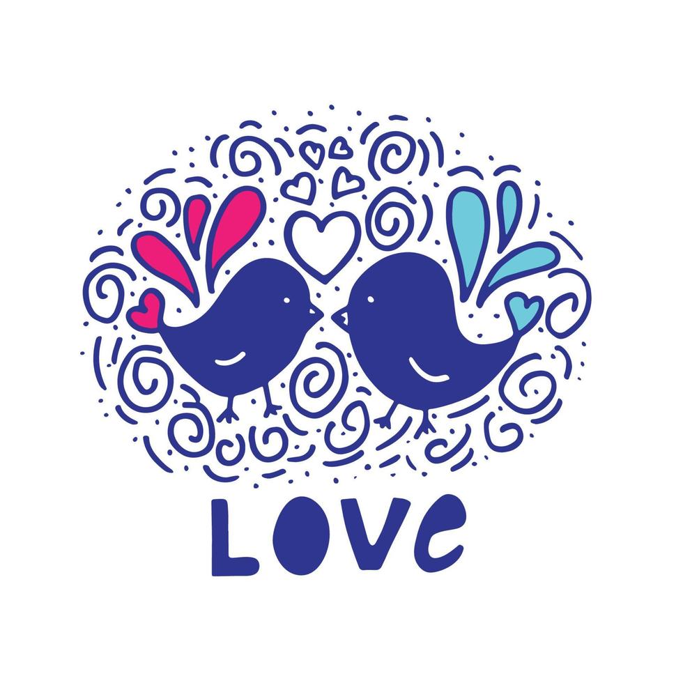 Vector illustration with birds and love lettering isolated on white background.